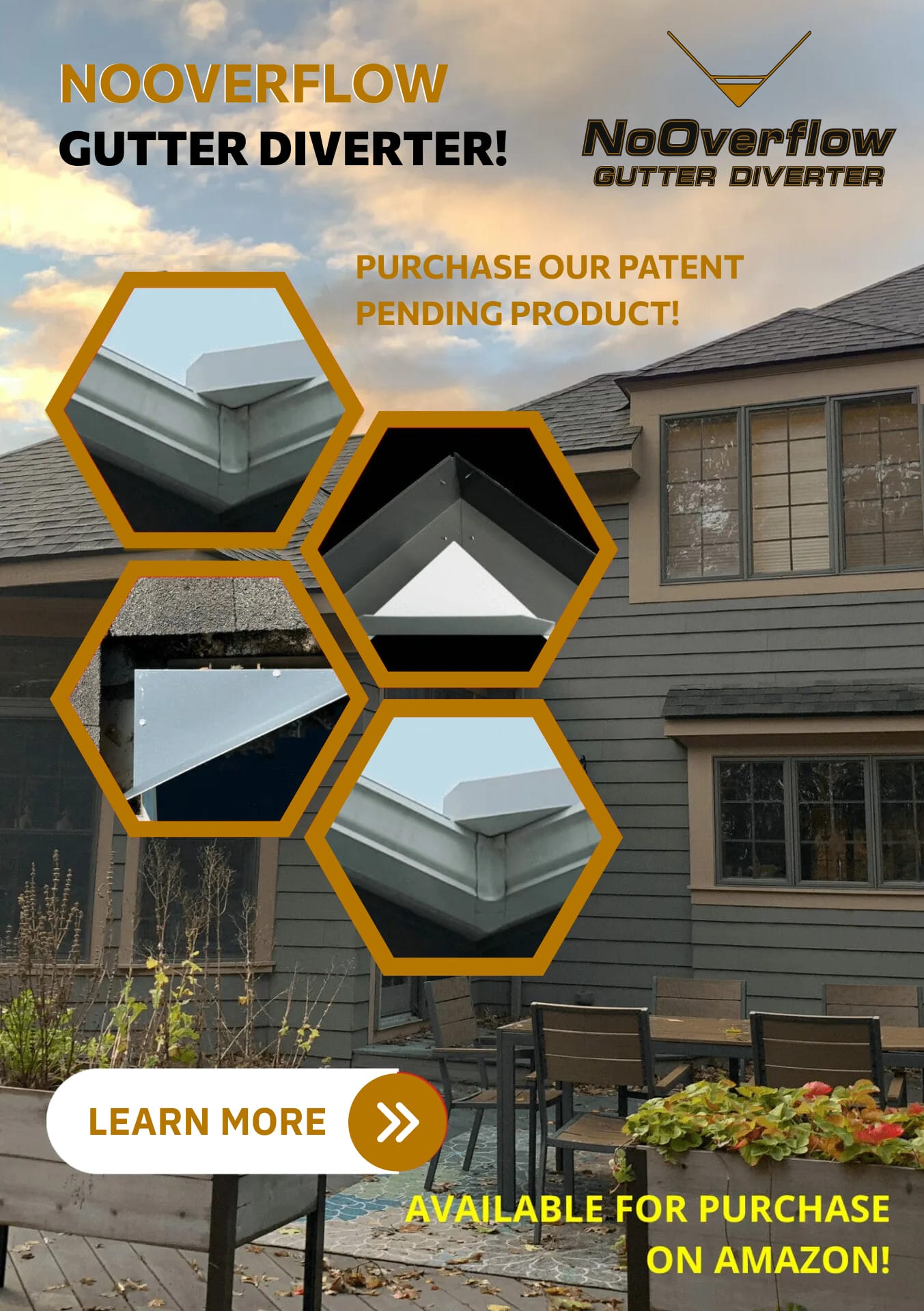 Advertisement for NoOverflow Gutter Diverter, showing images of gutter installation on a house. Text highlights it as a patent-pending product available on Amazon.