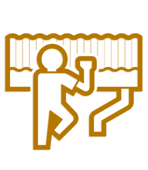 Icon of a person painting a fence with a brush, depicted in a simple, minimalistic brown outline.